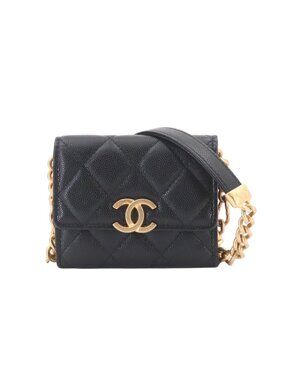 Chanel Quilted Bracelet on Chain Shoulder Card Case Caviar Leather Black